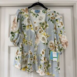 CeCe Blue Floral Puff Sleeve Blouse